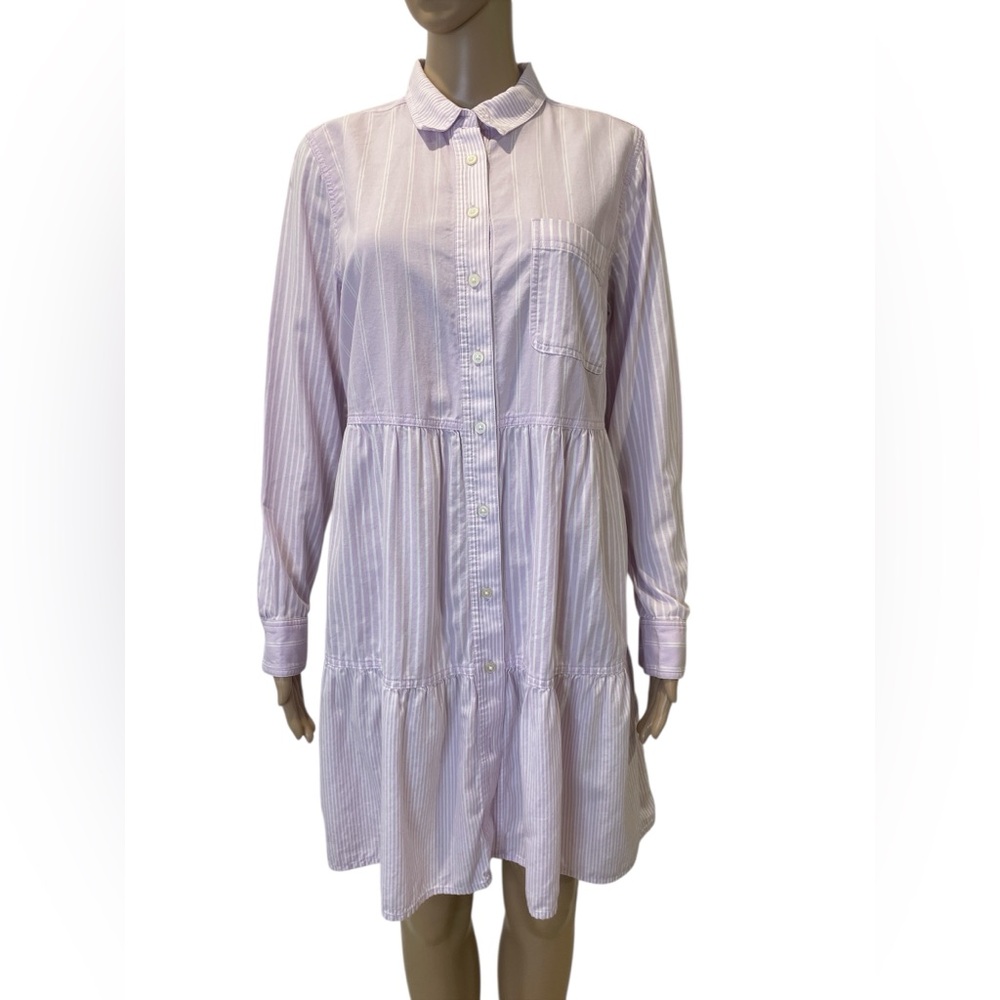 LOFT Lavender and White Striped Long Sleeve Shirt Dress